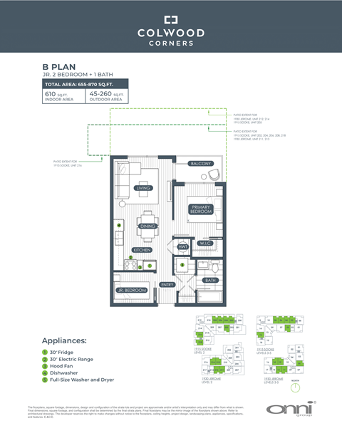 Floor plan for 2 beds, 1 bath, 610 sqft